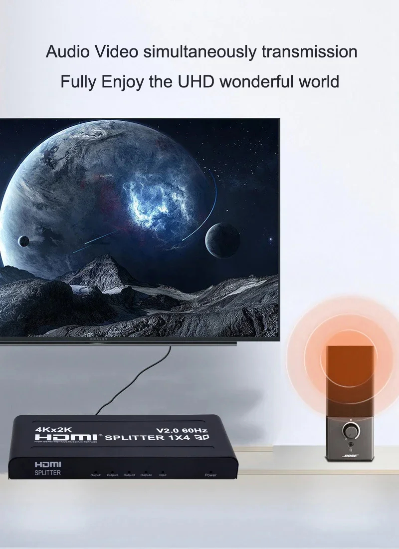 V2.0 4K 60hz HDMI Splitter 1x4 4kx2k 3D HDMI Splitter 1x4 1 In 4 Out Video Converter for PS4 STB DVD Camera PC To 4 TV Monitor