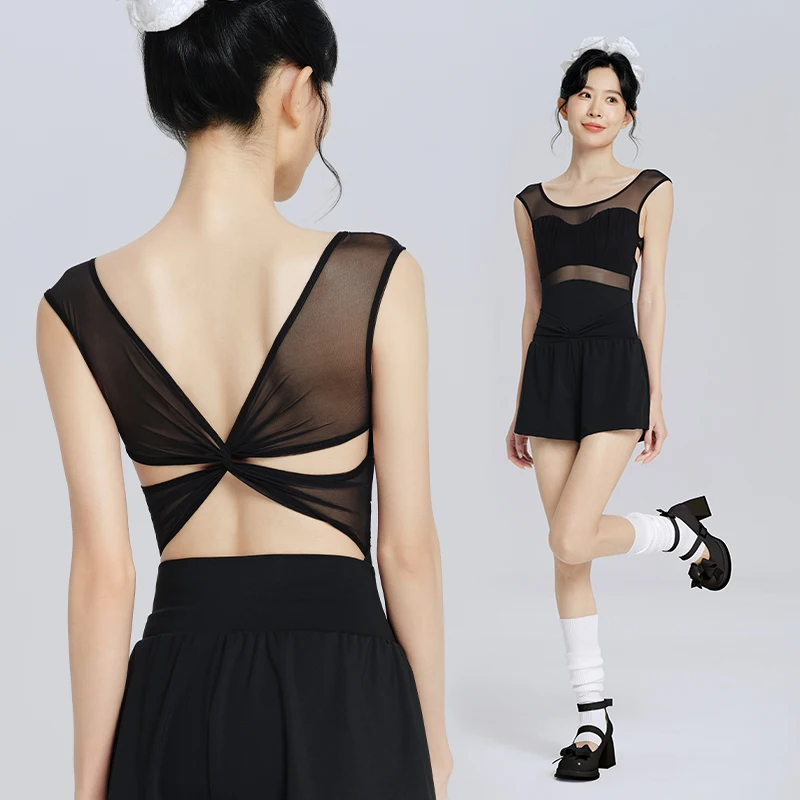 Women Ballet Leotards Black Dance Camisole Mesh Splice Sleeveless Bodysuit Adults Cross Back Gymnastics Ballet Costumes Swimwear