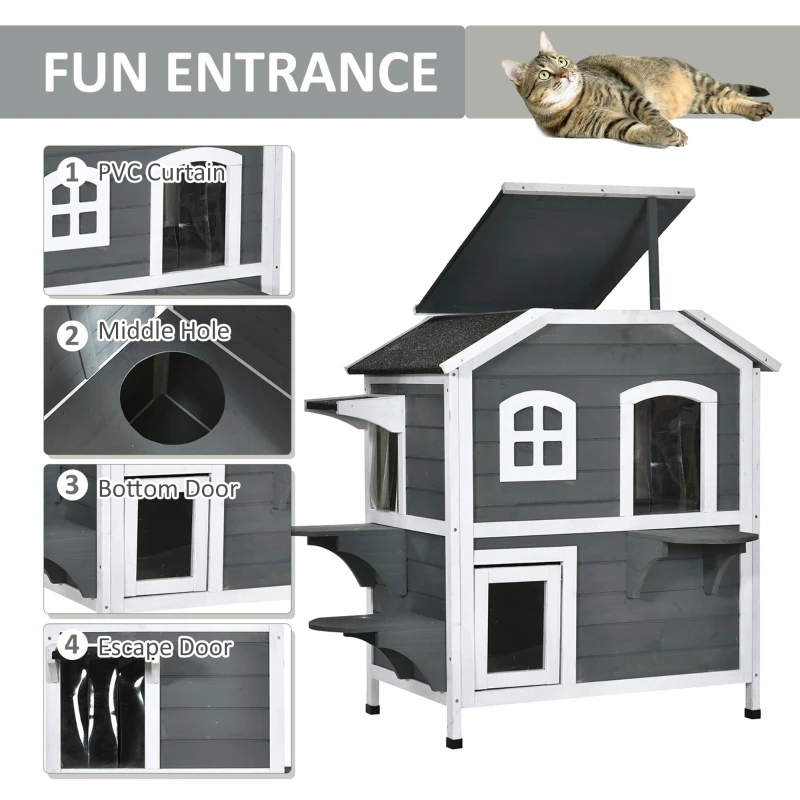 Casa grande para gatos al aire libre, resistente a la intemperie, casa de  gato de madera de 2 pisos con puerta de escape, plataformas, 2 pisos