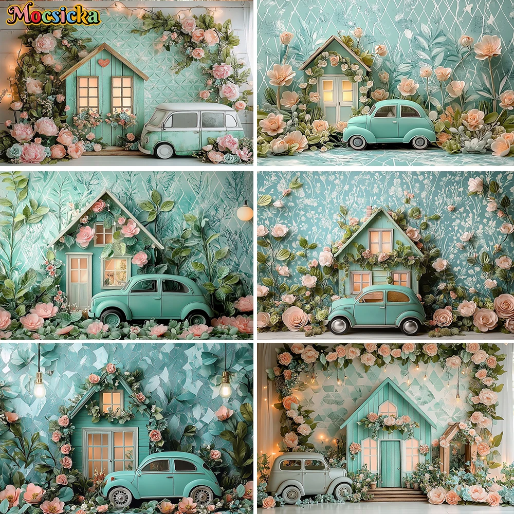 Mocsicka Spring Easter Backdrop 7x5ft Blue And White Rustic Door Spring - View #3