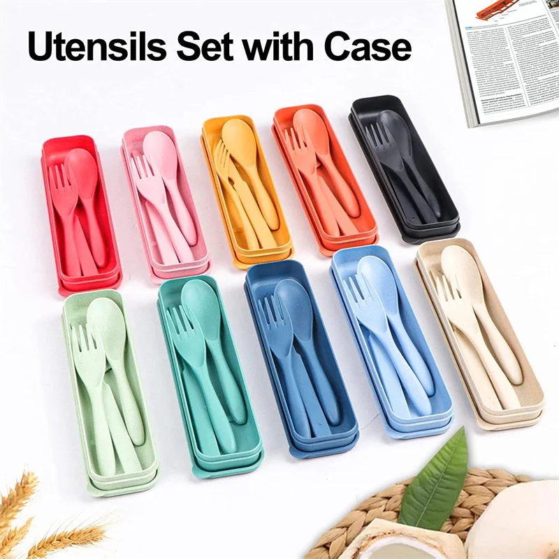 Reusable Travel Cutlery Set Wheat Straw Case Box