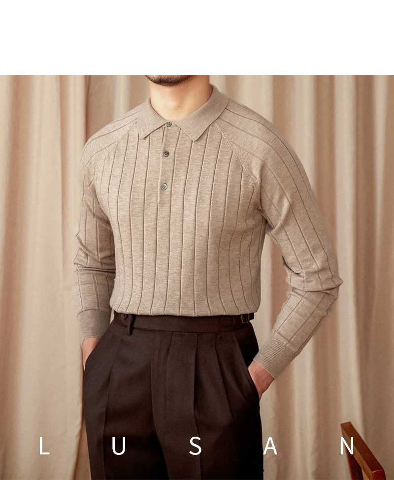 Herbst und Winter Britischer Slim-Fit-Revers-Langarm-POLO-Pullover aus dünner Wolle mit Maulbeerseide für Herren – Detail 21
