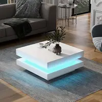 LED Coffee Table for Living Room, 2 Tier Modern Square Middle Center Table, Unique High Gloss Coffee Table with 16 Colors LED Li