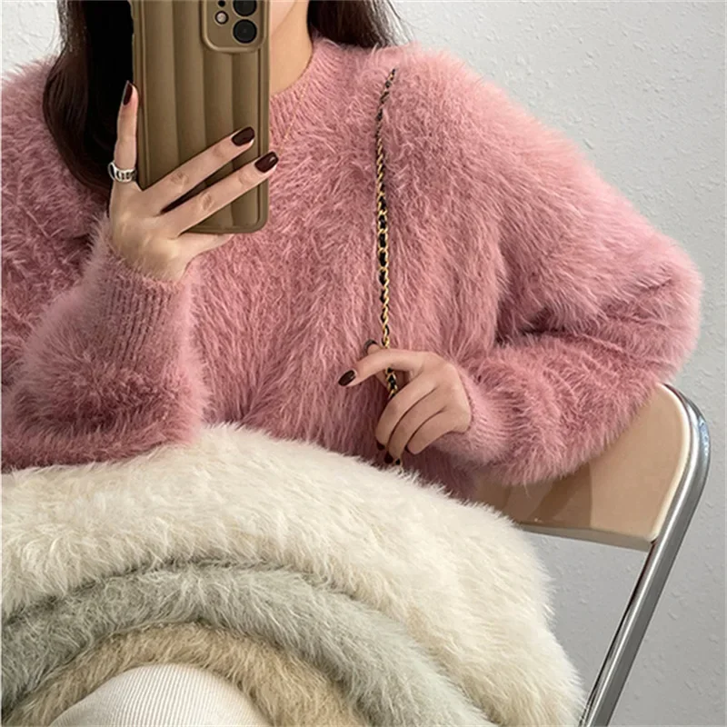 

Autumn Winter New Anti-Aging Elegant Thickened Top Knitted Women's Shirt Imitation Mink Wool Pullover Pink Sweater Women