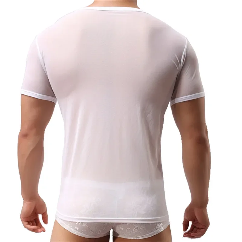Sexy Men Undershirts Transparent Sheer Short Sleeve T Shirt Sports Fitness Casual Underwear Breathable See Through Tops Tees New