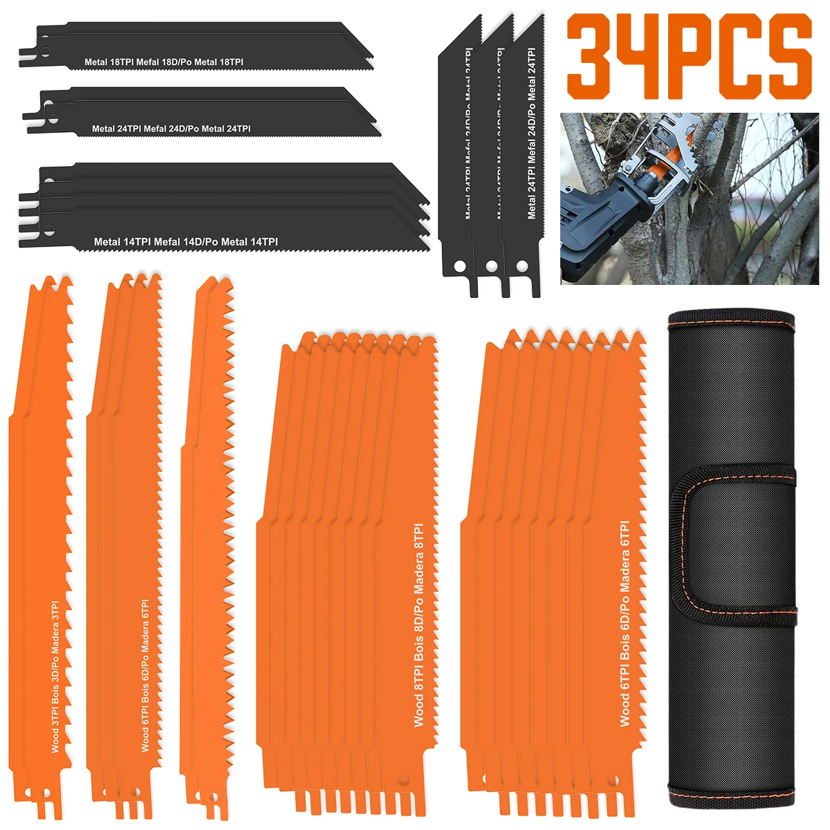 

34Pcs Reciprocating Saw Blade Set Wood Pruning Reciprocating Saw Blades for Wood Metal PVC Pipe Plastic Saw Blade Tool Set