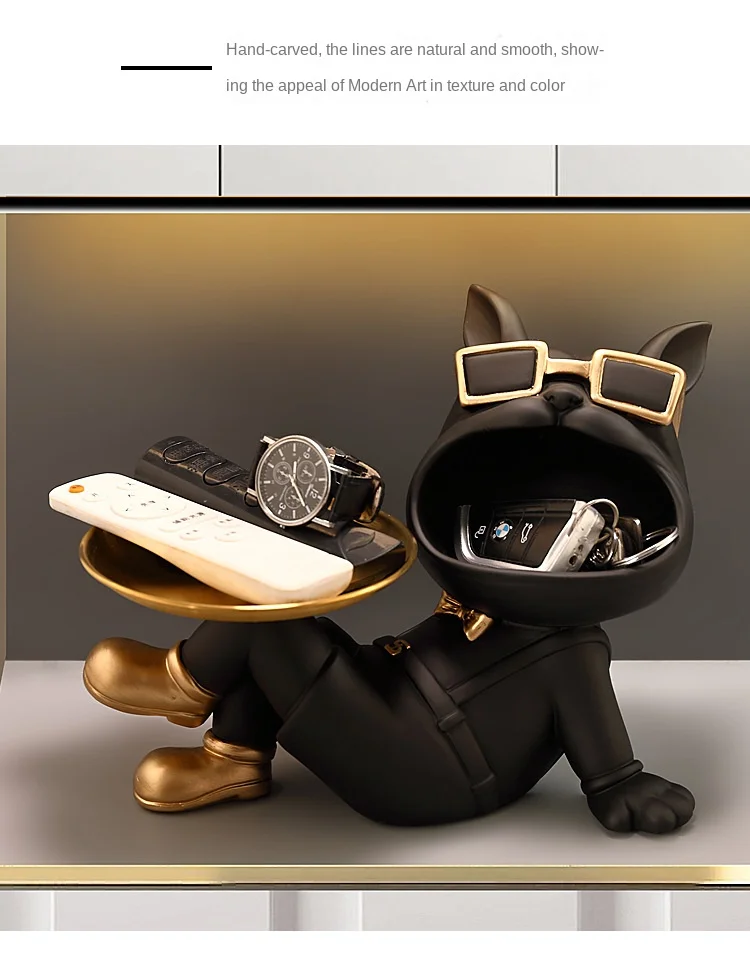 Bulldog Resin Figurine Ornament, Big Mouth Dog with Storage Tray, Candy, Key Storage Container Ornament, Tabletop Figurine