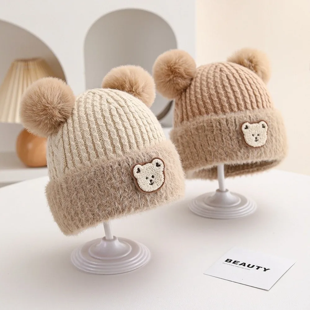 New Warm Knitted Hat Coldproof Windproof Pullover Cap Cute Bear Pompom Ear Protection Hat Outdoor Sports