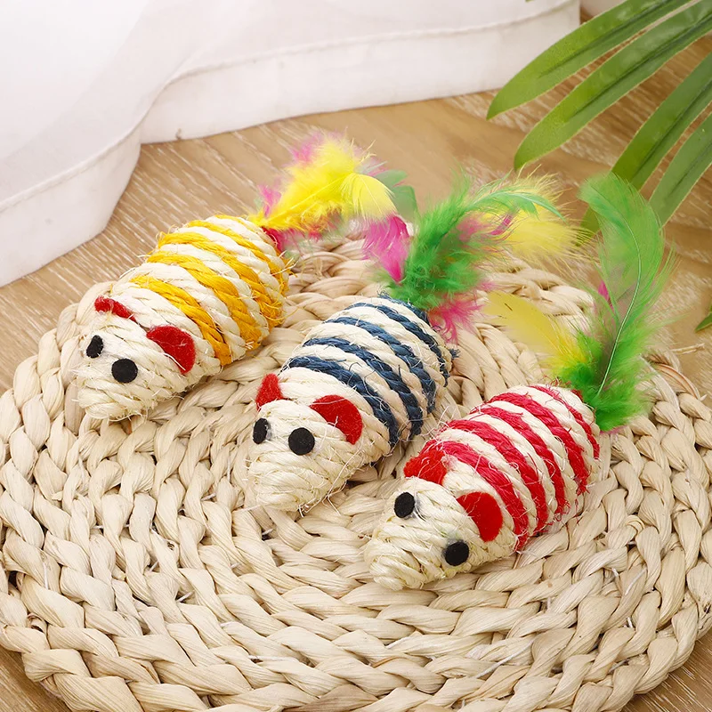 5Pcs Colorful Sisal Mouse Interactive Cat Toy Feather Pet Supplies Cat Claws Grinding Training Catcher Accessories