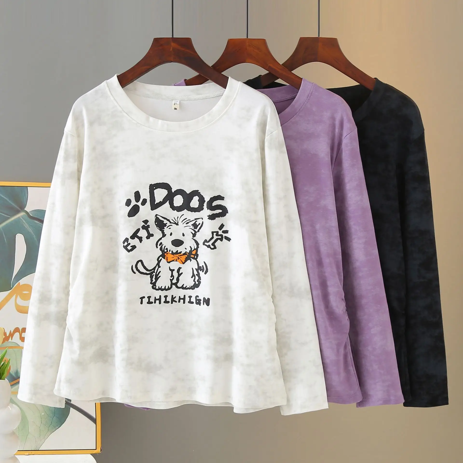 Fashion Plus Size Women's T-Shirt Autumn Long Sleeve Stylish Waist Fold Printed Cartoon Casual Tops 2537