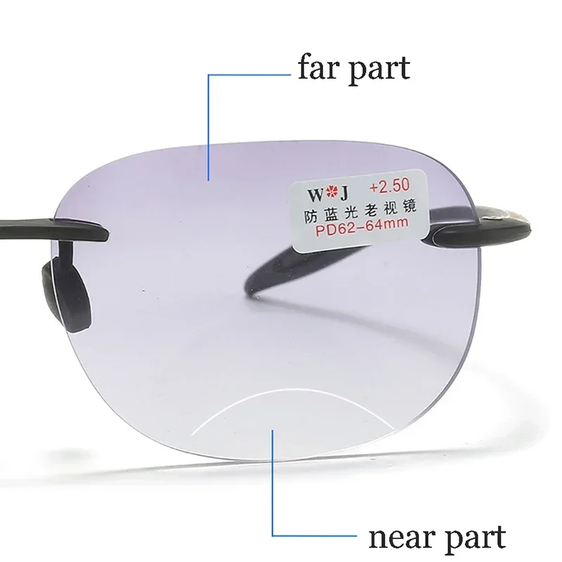 Fashionable Prescription Reading Eyeglasses Progressive Bifocal Sun Glasses for Middle-aged Frameless Presbyopia Glasses Diopter 4