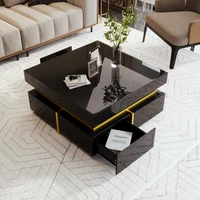 ​ ​ Table basse noire brillante – Tiroirs de rangement et plateau miroir avec garniture dorée, table d'appoint moderne pour le salon ​ ​ 2