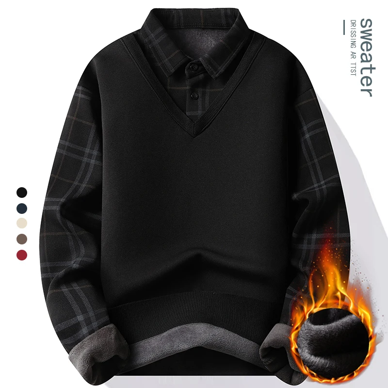 New Mens Fleece Polo Collar Sweater Fake 2 Pieces Patchwork Velvet Pullovers Slim Fit Tops Elegant Knitted Sweaters men long sleeve sweater
