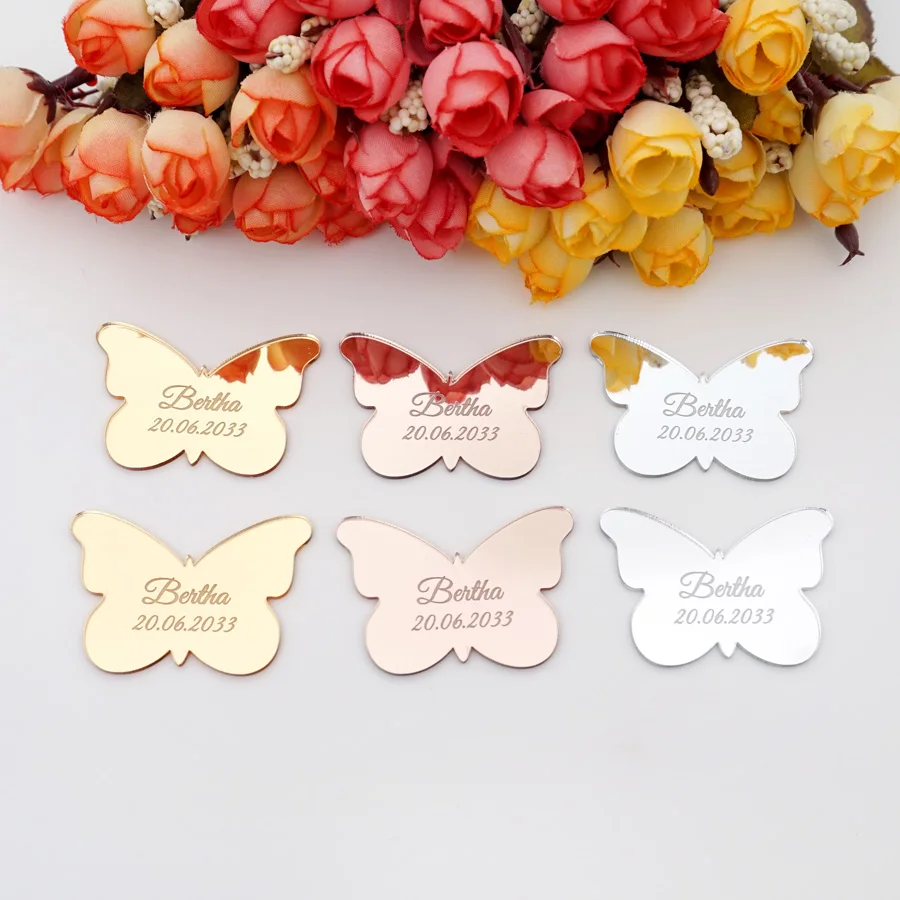 

30pcs Custom Wedding Party Acrylic Mirror Tags Personalized Guest Gift Cute Butterfly For Baby Shower Favors DIY Accessory