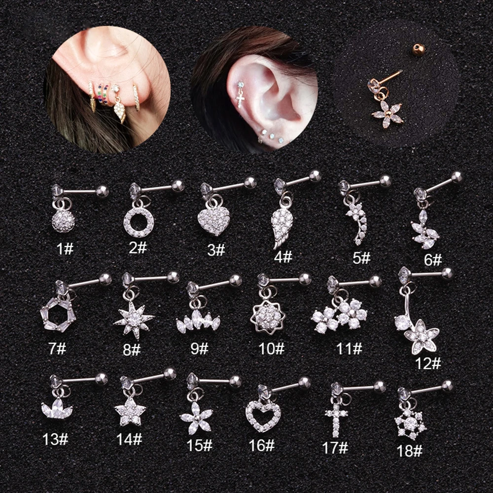 1Pc Tiny Dangle Bar Earring Korean Style Cz Helix Cartilage Tragus Conch Piercing Earrings Stud Heart Cross Star Flower Jewelry