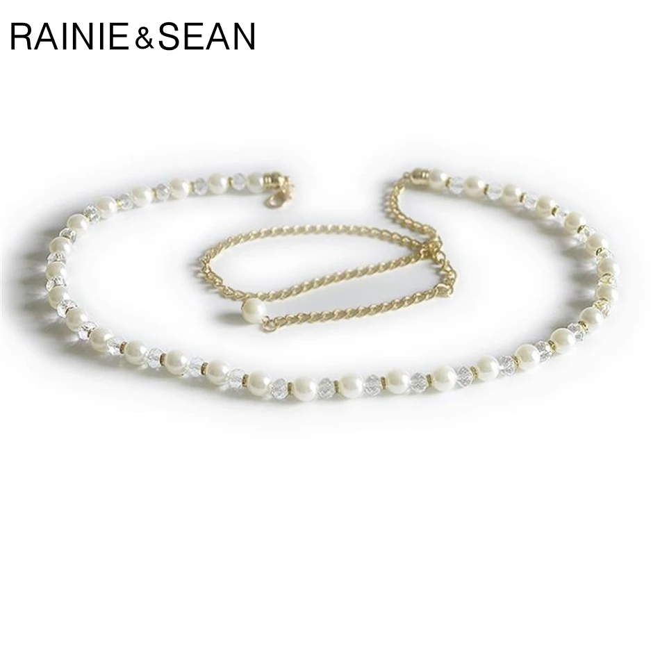 RAINIE SEAN Women'S Pearl Belt For Women Wedding Crystal Belt Ladies White Waist Metal Chain Belt Thin Fashion Pearl Beads Strap