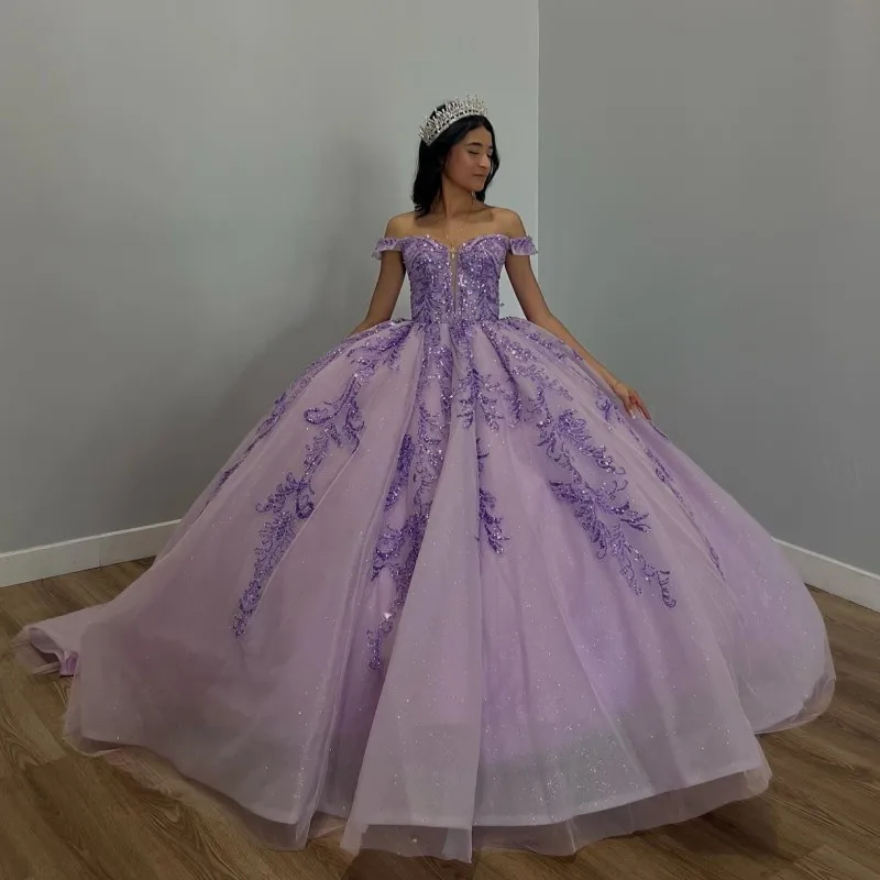 

ANGELSBRIDEP Лавандовые платья для Quinceanera роскошное бальное платье с блестками с открытыми плечами вышитое бисером милое 16 платье корсет платья 15 лет