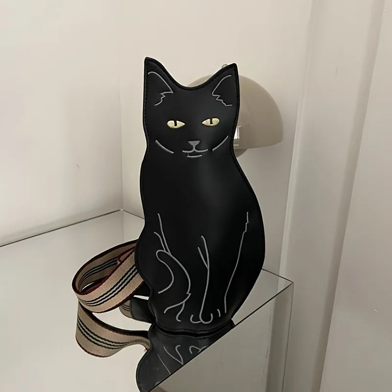 Stylish Black Cat Crossbody Bag, Ladies Chest Bag, Large Capacity PU Leather Purse Retro Animal Design Cute Cartoon Shoulder Bag