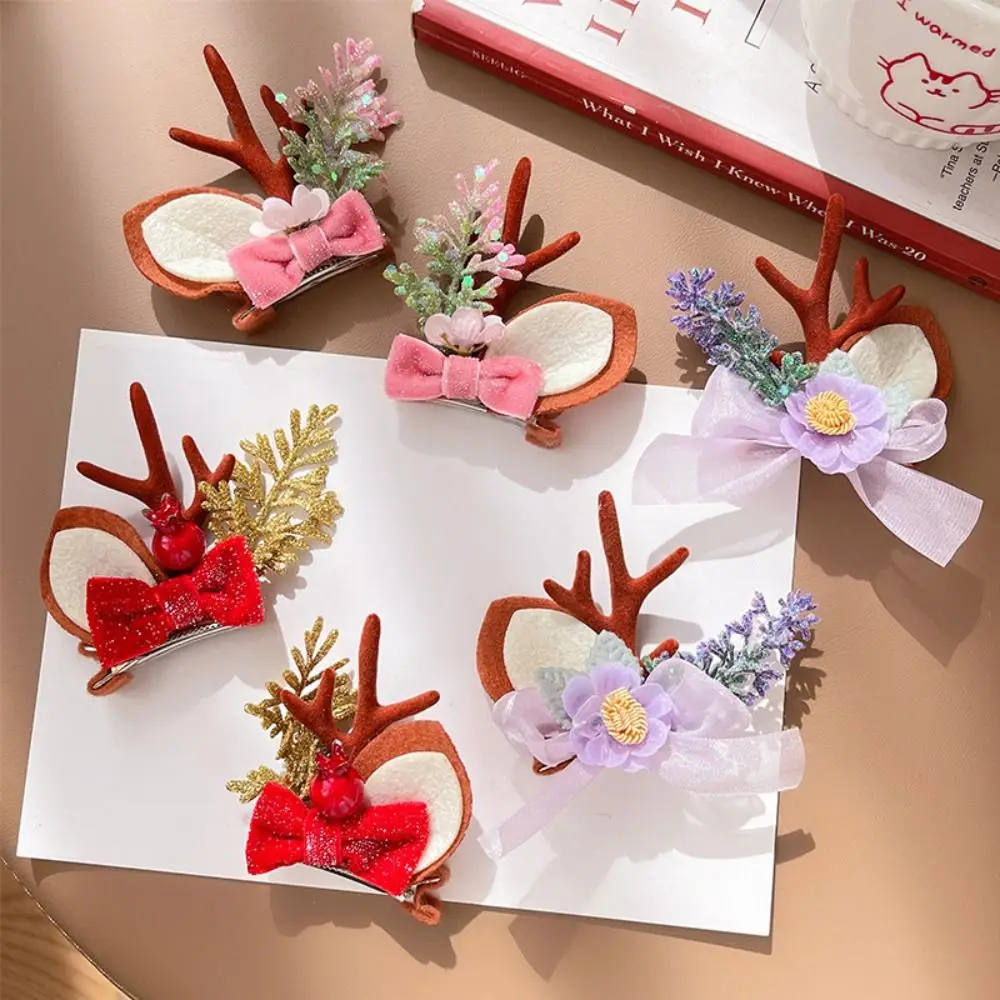 

Han Clothes Accessories Antler Hairpin Bow Flower Deer Horn HeadWear Duckbill Clip Hair Decoration Christmas Hair Clip Gift