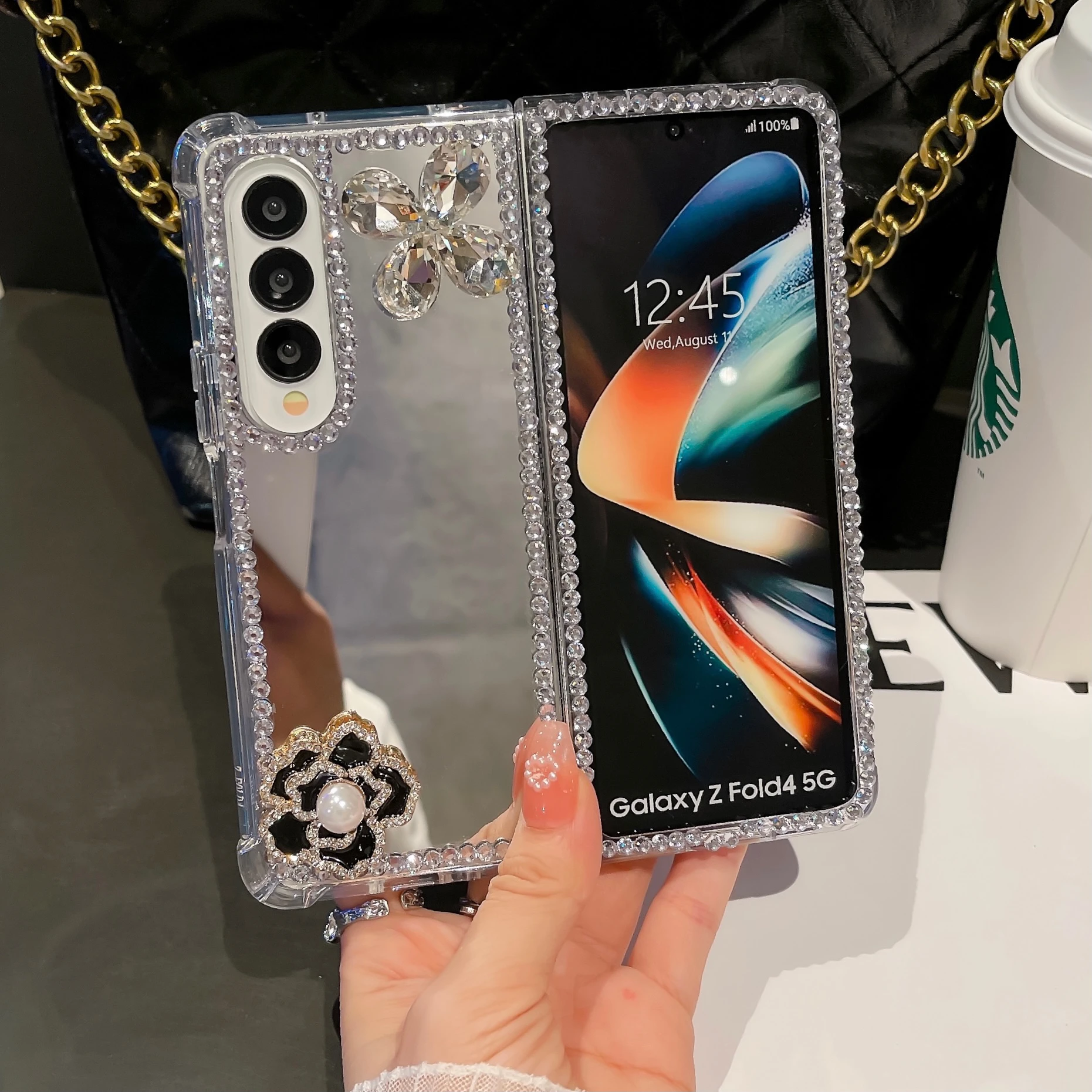 Bling Diamond Camelia Flower Mirror Back + Custodia Morbida Antiurto Per Paraurti In Tpu Per Samsung Galaxy Z Fold 3/4 Back Cove