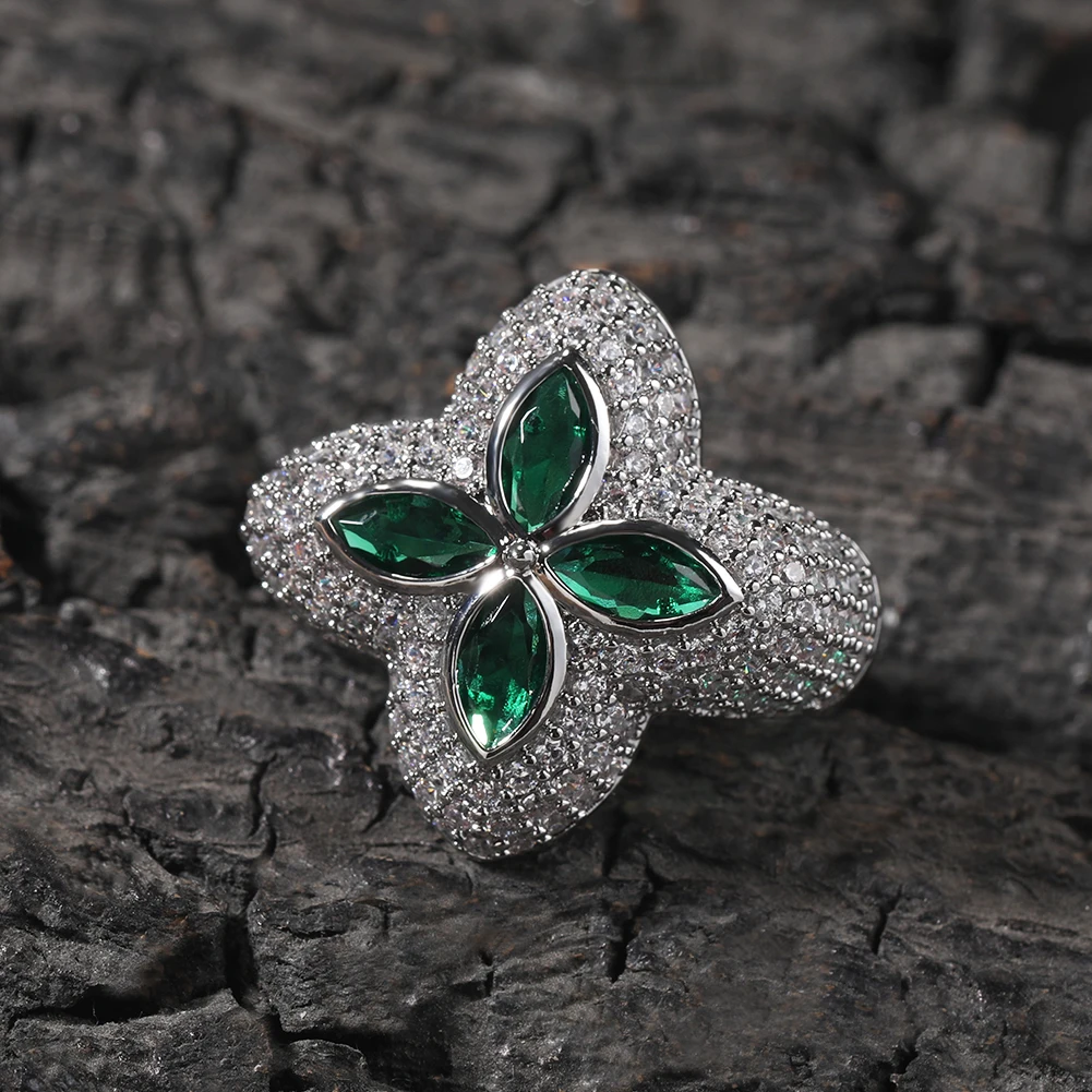 THE BLING KING Clover Flower Rings Micro Paved Out Green Cubic Zirconia Punk Ring Hiphop Jewelry For Men Women Party Gift