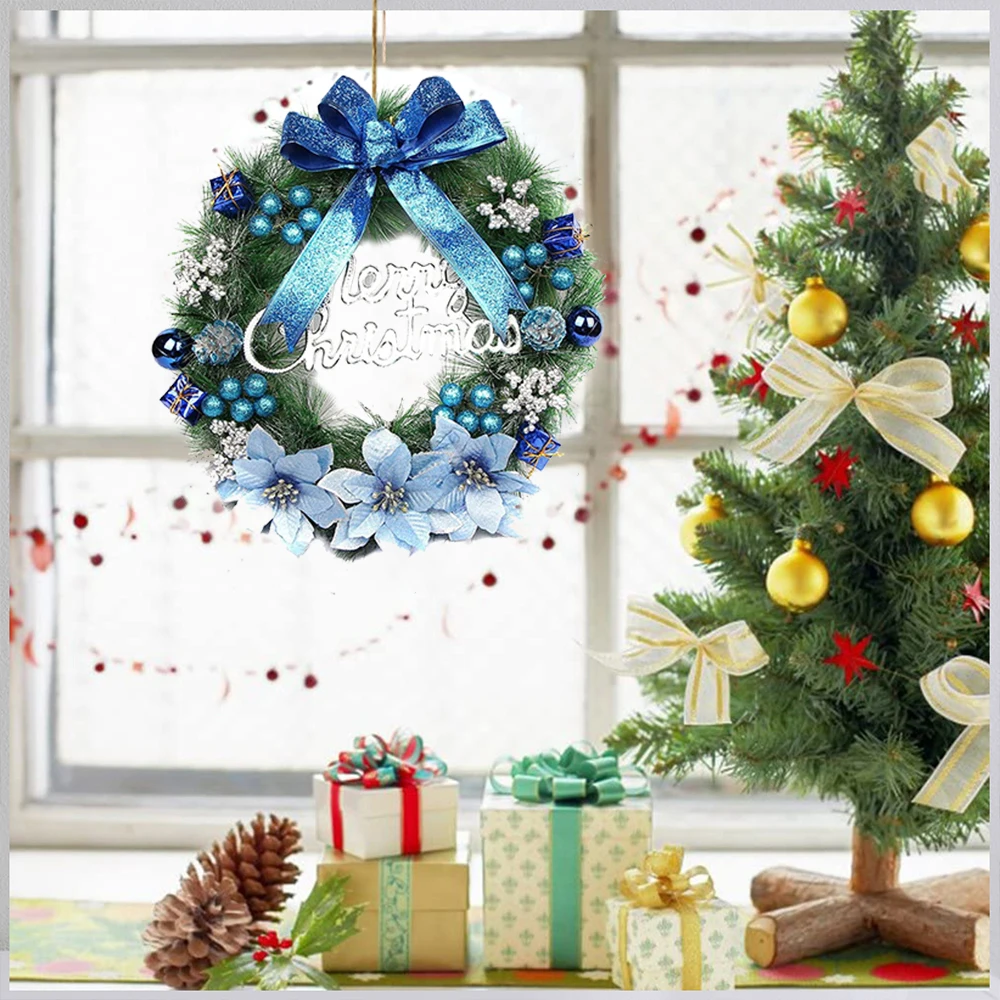 Description Picture 5 of itemBlue Christmas Wreaths for Front Door Winter Artificial Christmas Garland Decoration with Bow Flowers Ball for Christmas Decor