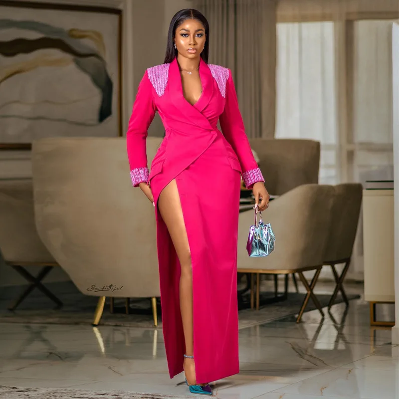 

MUDAN 2022 Women's Autumn and Winter High waist Skirt Slit Skirt Temperament Three dimensional Suit Dress