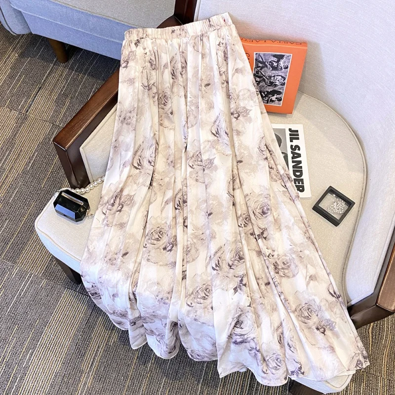 

Internet Celebrity Rose Retro Skirt Summer Stretch Acetate Satin All-Matching Lazy Temperament Long Dress Qingyfs