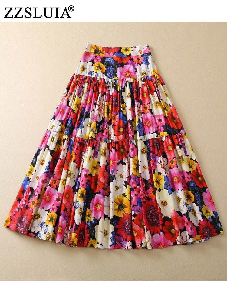 

ZZSLUIA Cotton Skirts For Women Floral Printed Shirring Designer Slim Elegant Long Skirt Fashion Vintage Expansion Skirts Female