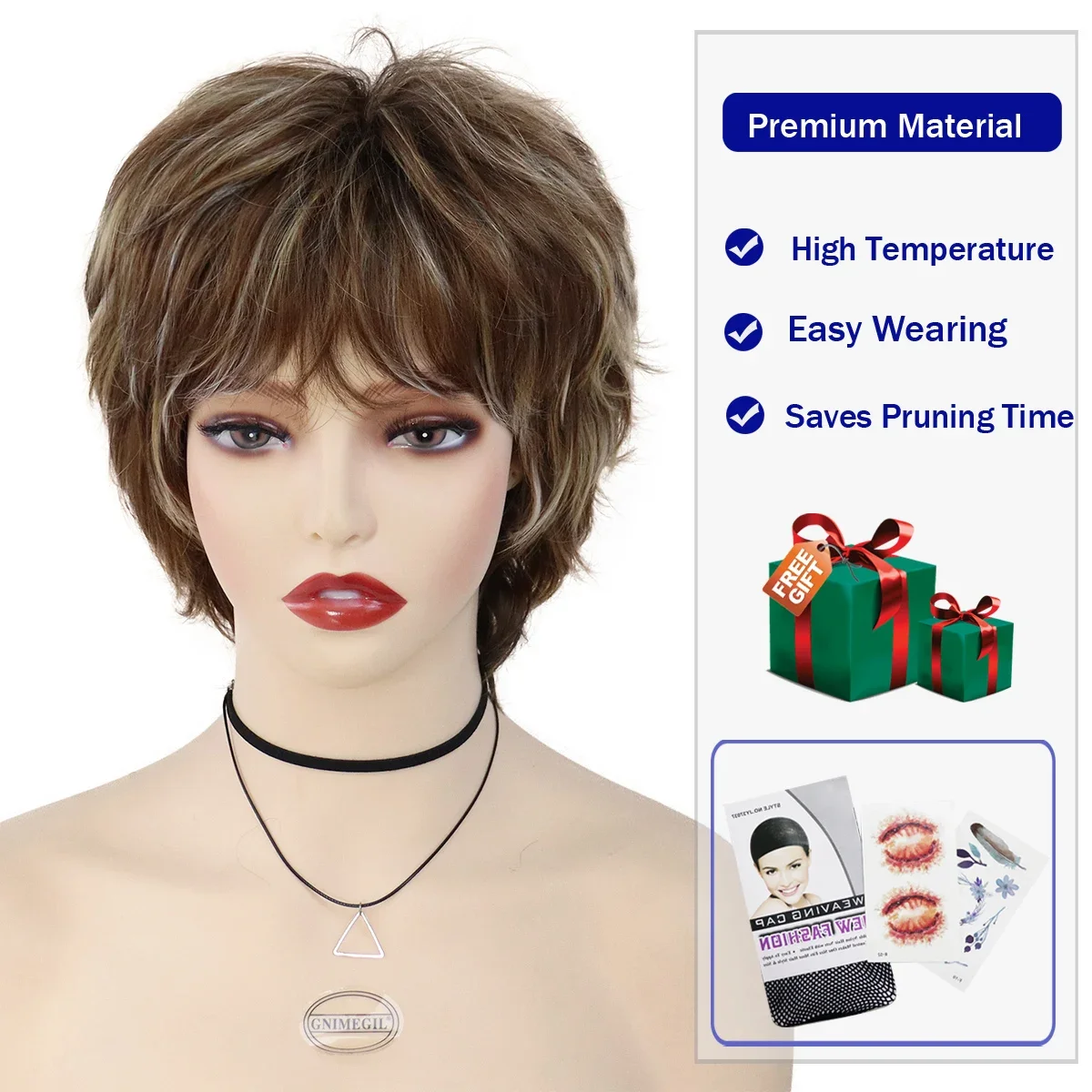 GNIMEGIL Synthetic Wigs for Women Natural Wig Mix Brown with Bangs Short HairCuts Mommy Wig Gifts Petite Size Old Lady Wigs