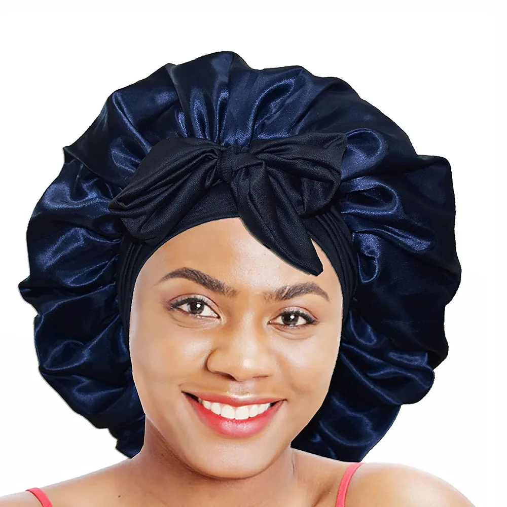 Bonnet Sleep Cap Women Satin Solid Sleeping Hat Silky Bonnets With Tie Bands Elastic Shower Cap  For Curly Hair Bonnets Nightcap 2