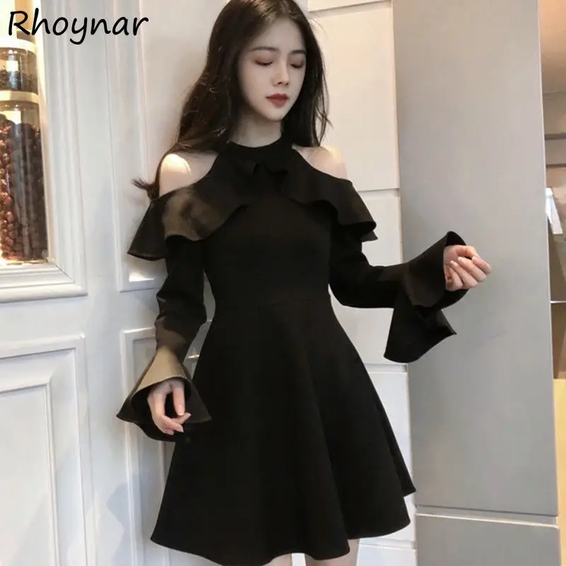 

Solid Dresses Women Design Flare Sleeve Off Shoulder Slimming Simple Casual Korean Style Trendy Summer Sweet Girls Spicy Daily