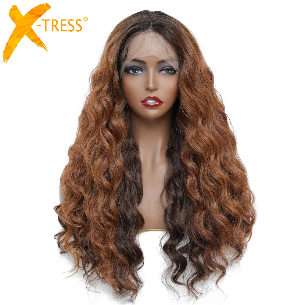 

Loose Wavy Ombre Brown Synthetic Lace Front Wig For Black Women Middle Part Hair Wigs X-TRESS Long Natural Hairstyle Daily Use