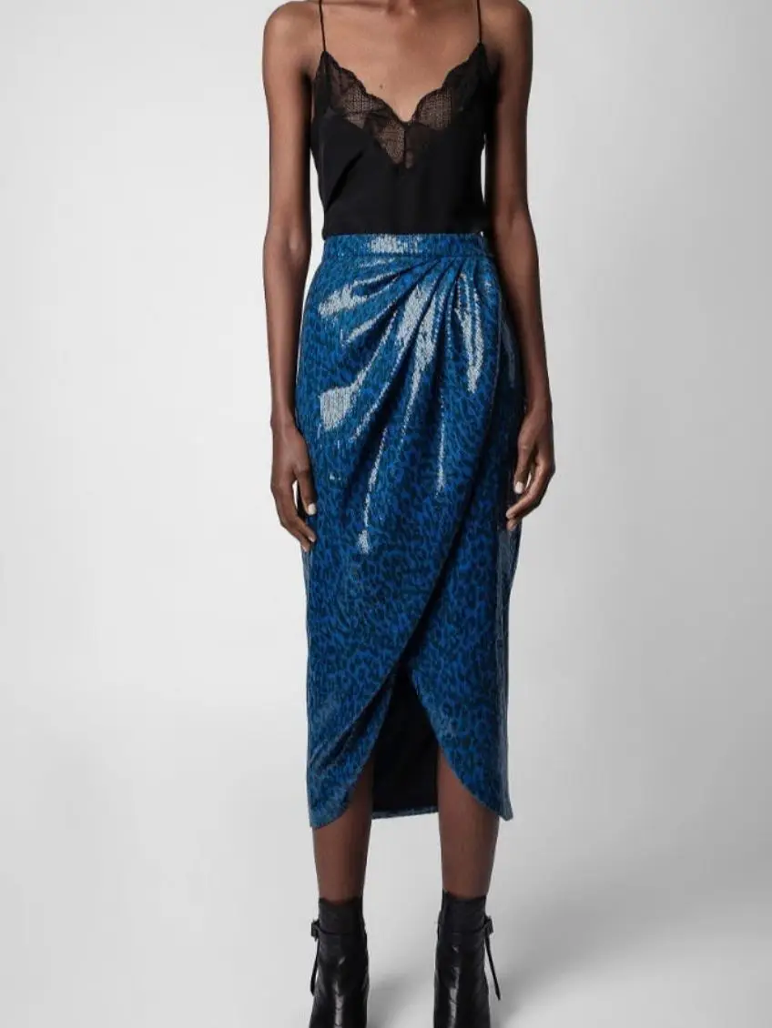 

Women's Mid Calf Skirt Leopard Slim Split Hem A-Line Jupe High Street