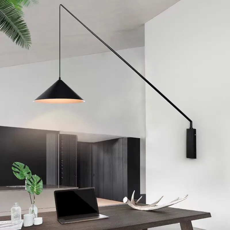 Long rod arm wall lamp black minimalist Fishing Light Creative Bedroom beside office reading lamp Artistic wall mounted lamp 2
