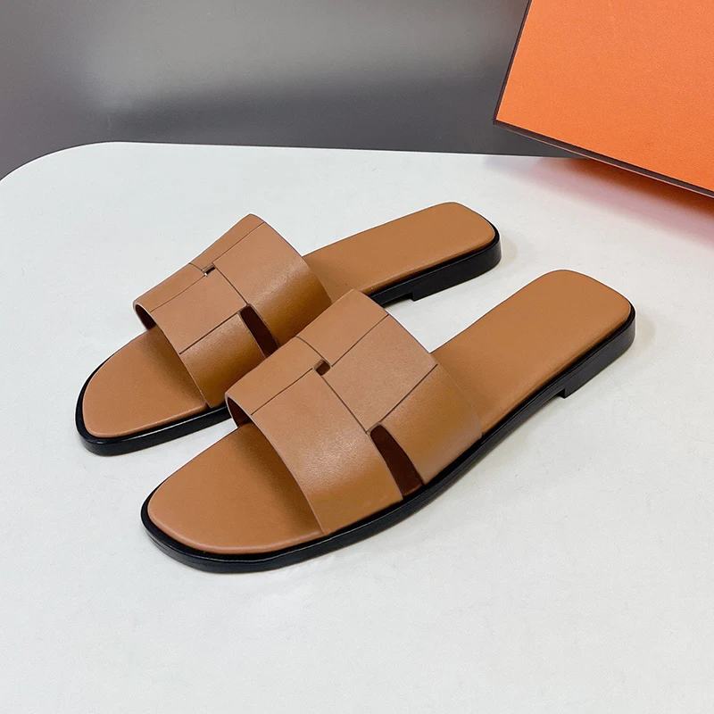 

Summer High-end Women's Slippers New Genuine Leather Material Wear Resistant Sandals Hollow Design Upper Non-slip Women Slippers
