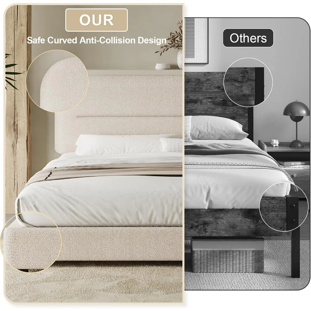 King Size Boucle Bed Frame, Upholstered Cloud Beds Frames with Headboard, Soft Platform Bed Frame with Thickened Footboard 6