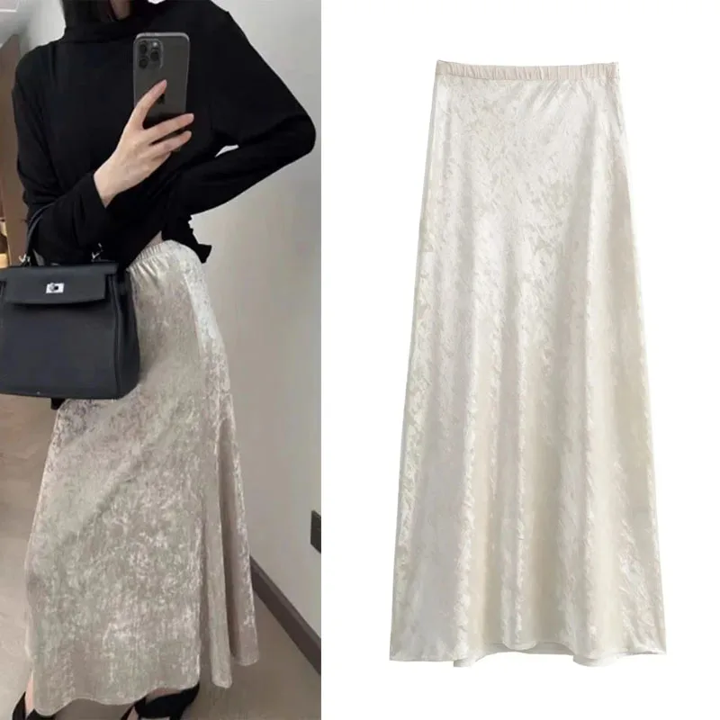 

TRAF Women's Ecru Midi Skirts Elegant Velvet Long Skirt Woman Pretty High-Waist Aesthetic Skirts Female Comfort New Maxi Skirt