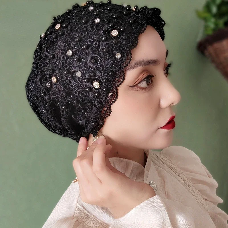 Beading Muslim Turban Caps Lace Headcover Islamic Wrap Head Turbante Summer Bonnets For Women Embroidery Flower Hijab Church Hat 3