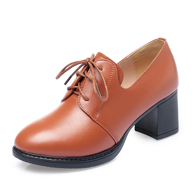 

2022 New Autumn Top Cowhide Classic Elegant Women High Heel Shoes Lace-up Thick Heel Comfortable Shoes Women Leather Shoes
