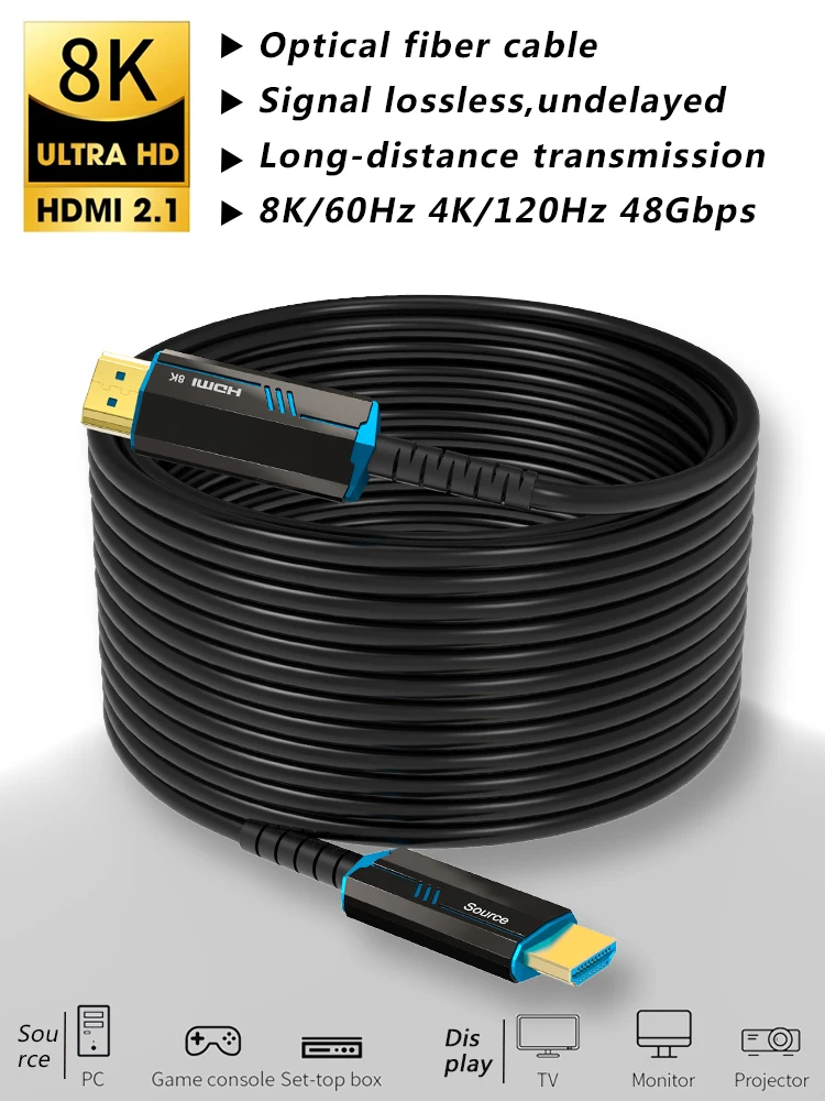 

8K 60Hz HDMI 2.1 Fiber Optical Cable 4K 120Hz Ultra High Speed 48Gbps HDR eARC 3D HDCP 10M 15M 20M 30M 50M For TV Projector