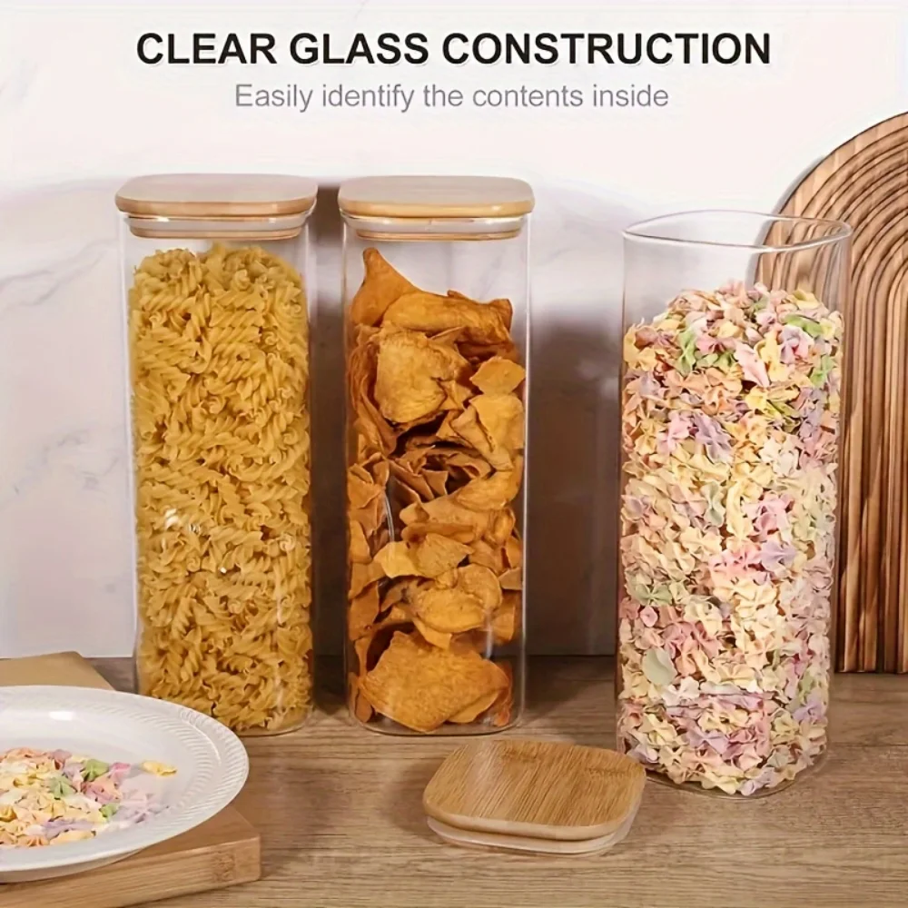 2/4パック-1450ml角型ガラス瓶、蓋付きガラス保存容器、広口パスタ瓶