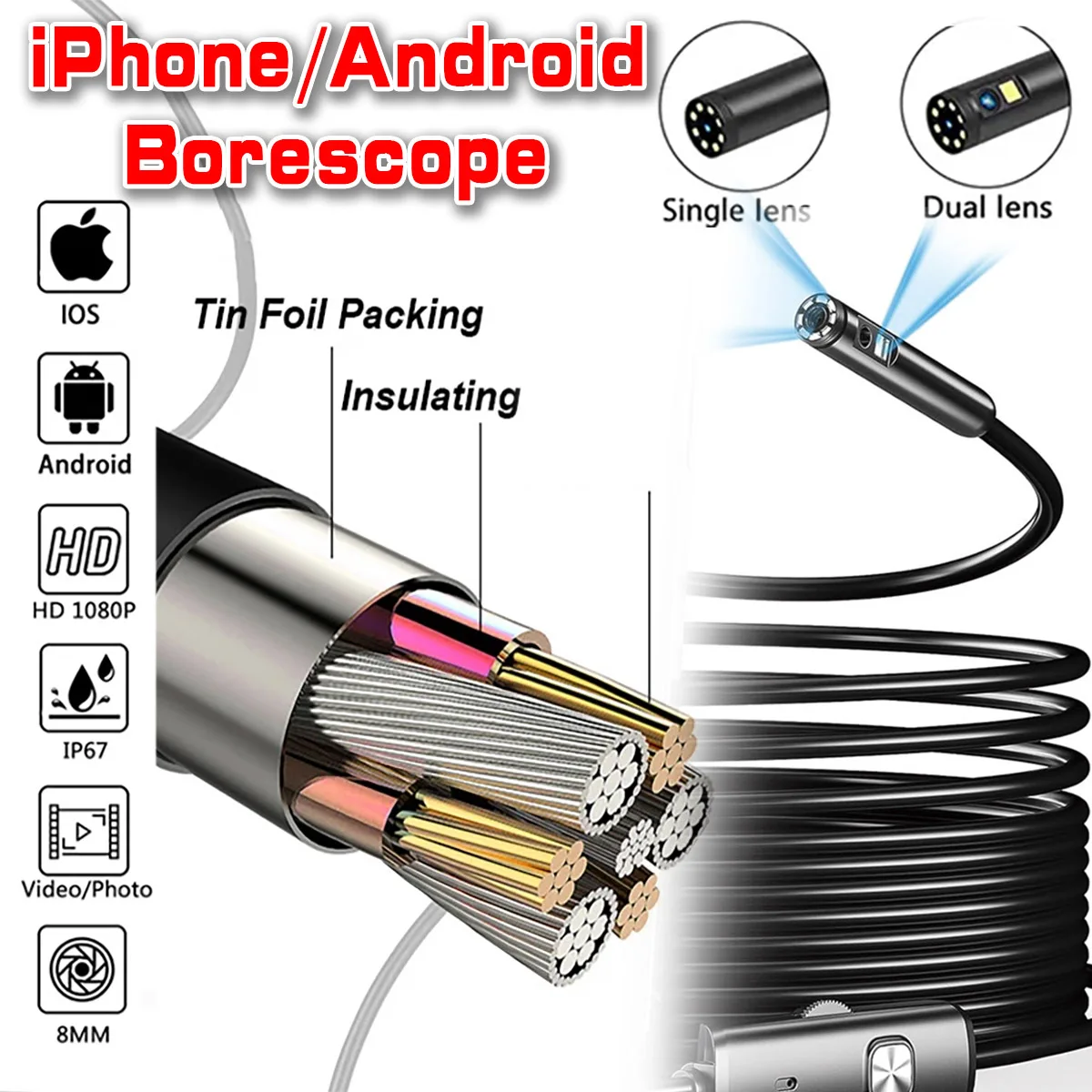 8mm 1080P Endoscope Automotive Boroscope Inspection Device Camera For Apple Iphone IOS Smart Phone Android Type C Cars Mobile 1