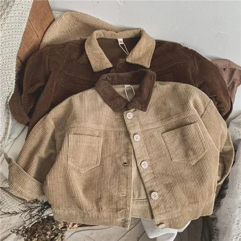 WT22435 Retro Korean Style Children's Block Corduroy Collar Jacket Unisex Baby Loose Coat Autumn Top Simple Vintage Design