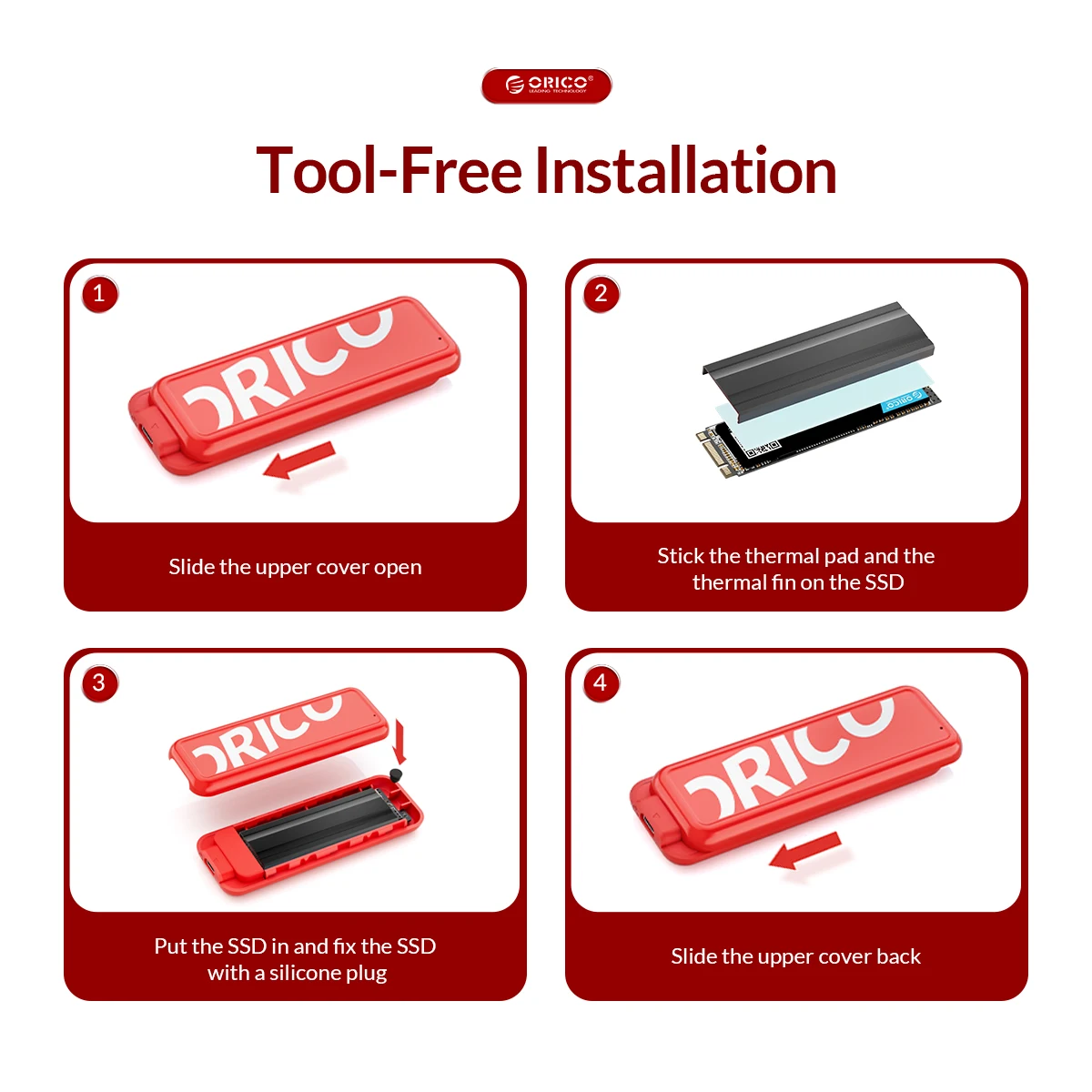 ORICO 새로운 트렌드 M2 NVMe SSD 인클로저, USB 3.2 2 세대 C타입 M.2 SSD 케이스, 클래식 레드 블랙 컬러, 스마트 수면 지원, 6Gbps, 10Gbps