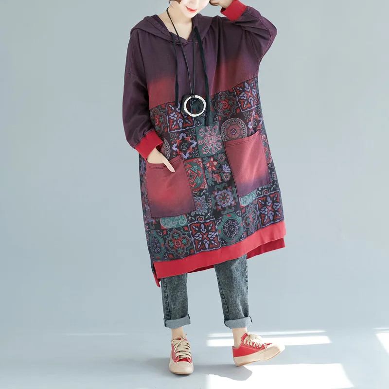 2024 New Printed Medium Length Hoodie, Large Size Washed Old Casual Dress, Wandering Record