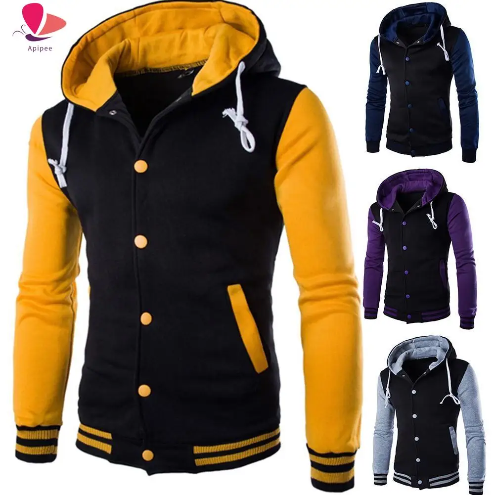 

Jacket Men Hoodie Fashion Contrast Baseball Wear Casual Slim Button Cardigan Pocket Long Sleeve Jacket parka men Christmas gift