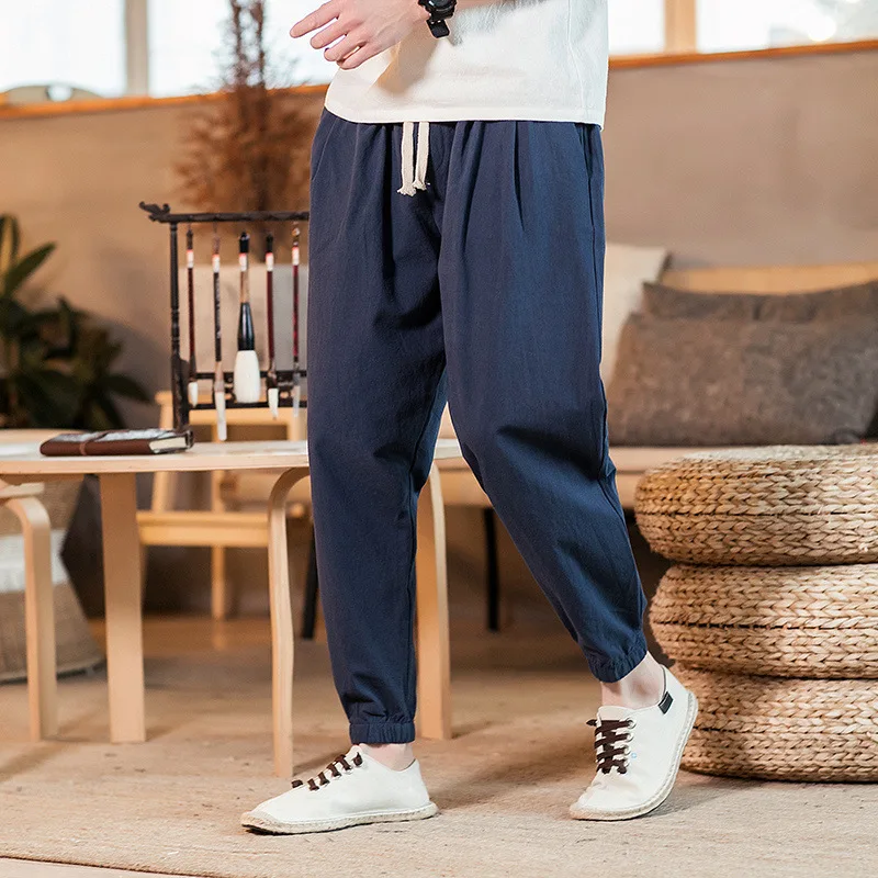 Mens Cotton Linen Summer Pants Elastic Waist Wide Leg