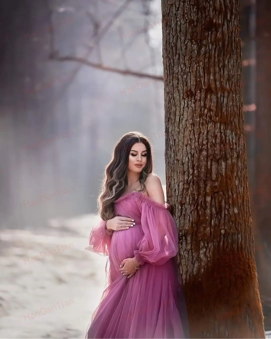 Long Fluffy Sleeve Tull Maternity Dressing Photoshoot Gown Off Shoulder Baby Shower Lingerie Pregnancy Robes