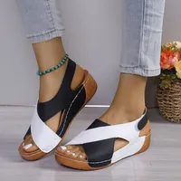Sandales à l'offre elles compensées pour femmes, chaussures de plage confortables, en cuir PU, patchwork, été 2